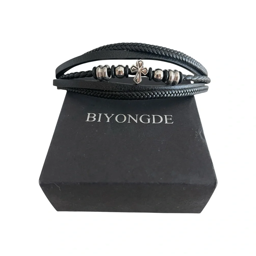 Black Leather Bracelet Braided Multi Strand Stainless Steel Cross Biyongde 8.5